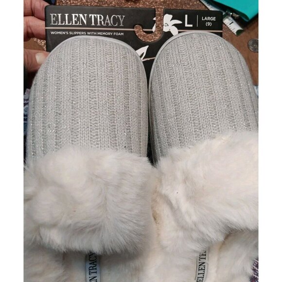 ELLEN TRACY Women’s Size 9M/L Grey &‎ Sparkles Slippers W/Memory Foam & Fur NWT - Picture 3 of 6